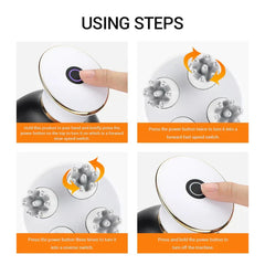 Étapes d'utilisation - Infographie en quatre panneaux montrant les pressions de boutons et les modes pour un appareil portatif blanc et doré.
