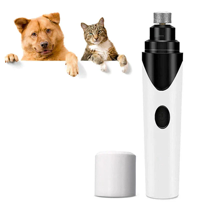 An electric pet nail grinder stands beside its white cap, with a dog and cat peeking over a white edge nearby.