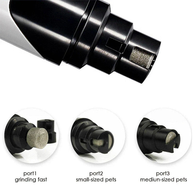 Close-up of an electric pet nail grinder tip, with three circular insets showing different grinder port configurations.