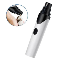 Electric Nail Grinder - White electric pet nail grinder, inset closeup showing its grinding head against a small animal's nail