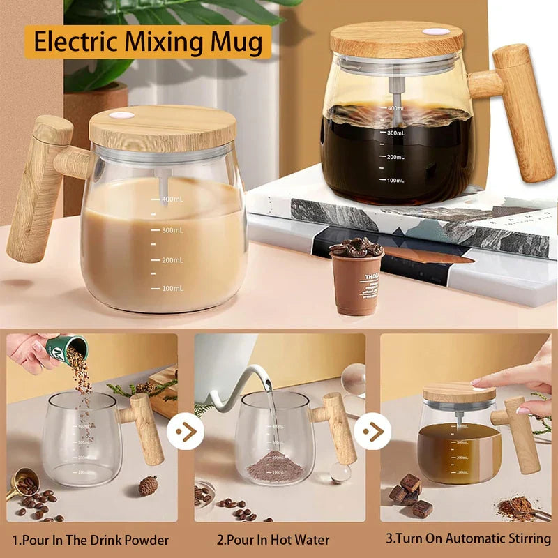 Electric mixing mug set with wooden-look lid and handle, shown mixing coffee and a powdered drink with step-by-step use visuals.