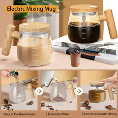 Electric mixing mug set with wooden-look lid and handle, shown mixing coffee and a powdered drink with step-by-step use visuals.