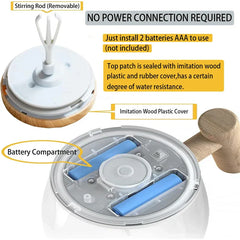 Protein Shaker Bottle Mixer - View of the mug lid assembly showing removable stirring rod, battery compartment for two AAA batteries, and imitation wood plastic cover details.