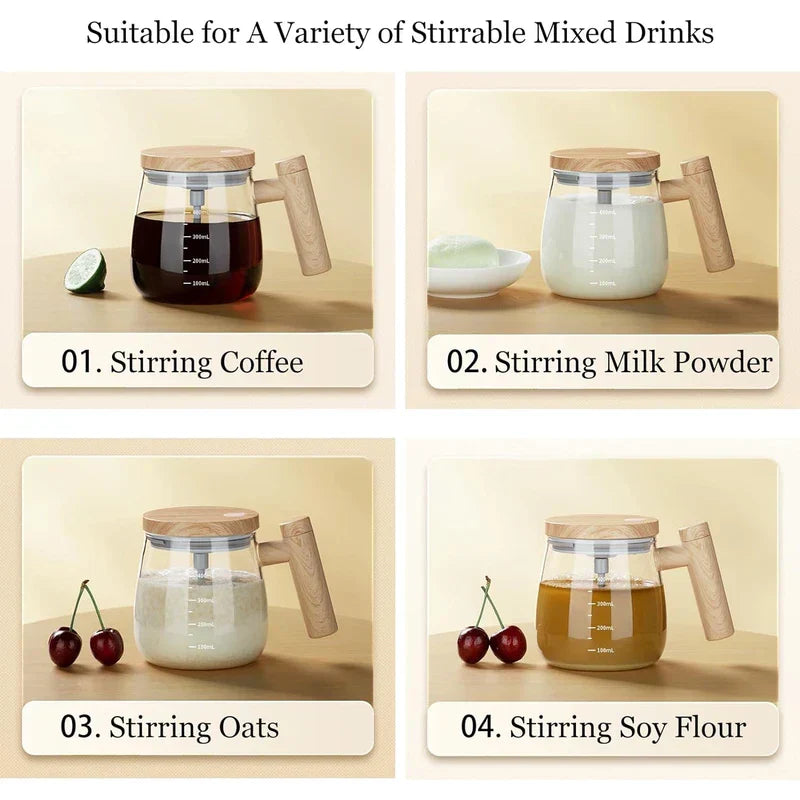 Protein Shaker Bottle Mixer - Four panel graphic showing a glass mug holding coffee, milk, oats, and soy flour