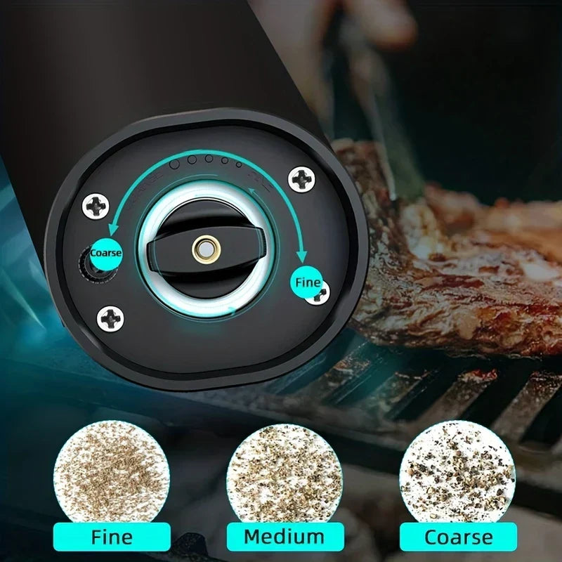 Salt And Pepper Grinder Set - Close-up of a grinder coarseness adjustment dial with Fine/Medium/Coarse particle sample views