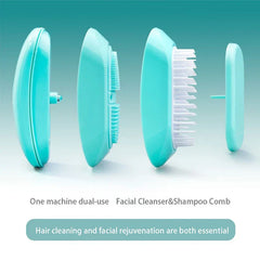 Electric Scalp Massager - Exploded view of a mint colored dual use facial cleanser and shampoo comb showing all components.