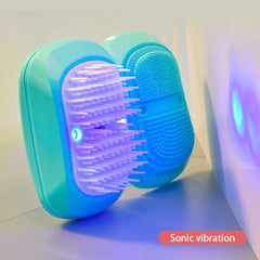 Electric Scalp Massager - Two teal dual-head sonic grooming devices, purple bristle side shown with blue indicator light lit