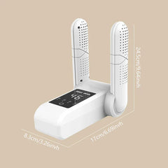 Boot Warmer - White foldable shoe dryer upright, showing its dimensions in inches and centimeters against a plain beige background