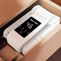 Top-down view of a folded white electric shoe dryer with a digital control panel showing 46°C and timer settings