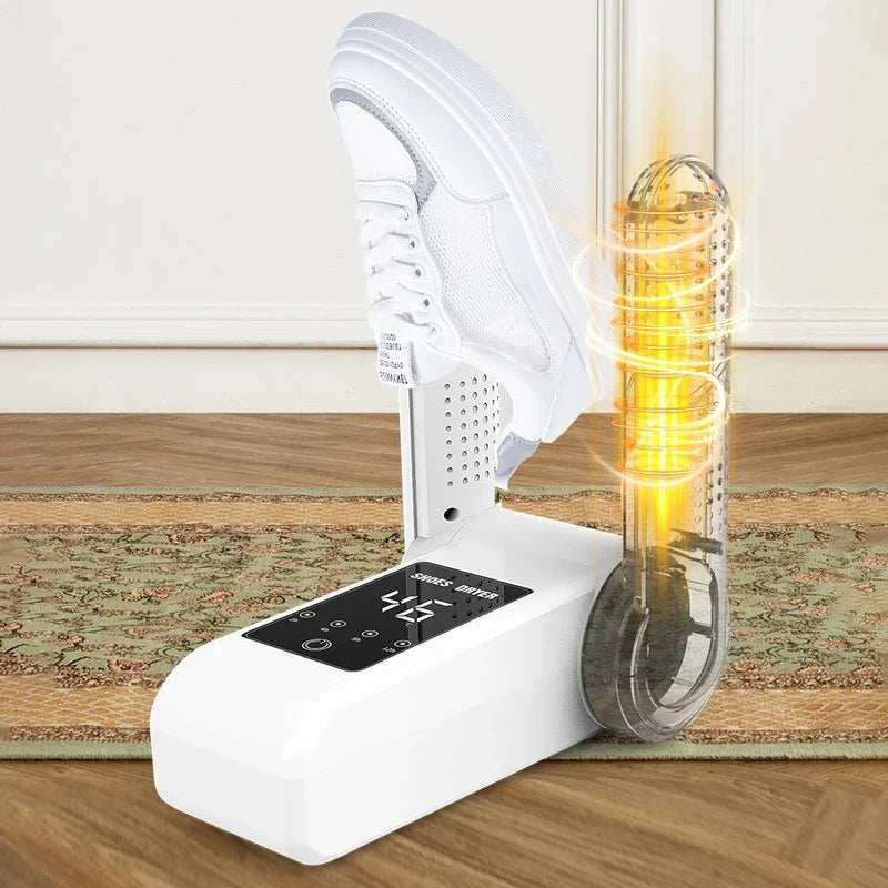 Boot Warmer - White foldable shoe dryer with one arm holding a white sneaker, visible heat glow from the other arm, digital display showing 46 degrees.