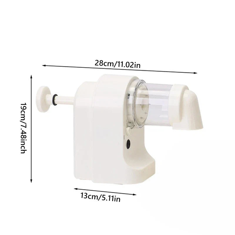 Ice Shaver Machine - Side view of a white electric kitchen appliance with length, height, and depth dimension labels against a plain white background