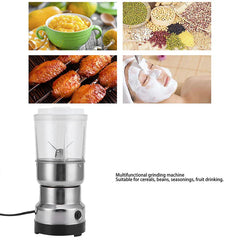 Coffee Spice Grinder - Multifunctional electric grinder displayed alongside example use cases: pureed food, assorted dried beans and grains, grilled seasoned chicken wings, and a facial mask application, with text noting suitability for cereals, beans, seasonings, and fruit drinks