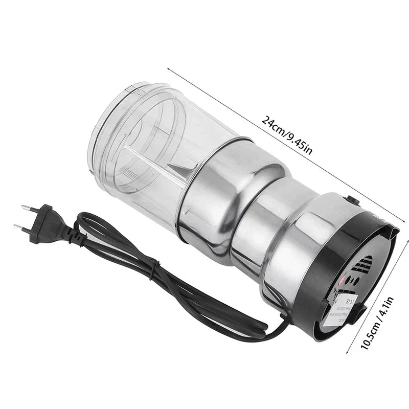 Coffee Spice Grinder - Side view of a silver electric grinder with clear upper cup, attached coiled black EU power plug, marked with length and width measurements.