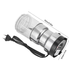 Coffee Spice Grinder - Side view of a silver electric grinder with clear upper cup, attached coiled black EU power plug, marked with length and width measurements.