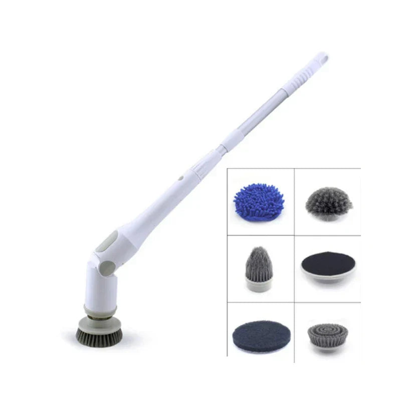 Cleaning Brush - Cordless extendable scrubber with full set of 6 interchangeable cleaning heads displayed beside the main unit