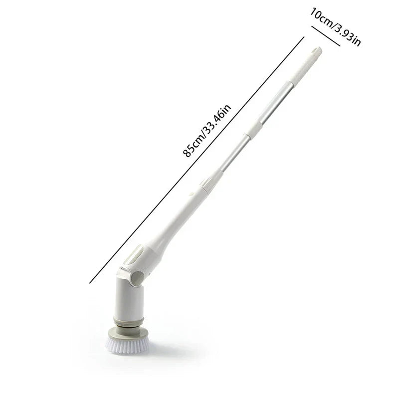 Assembled cleaning brush with extended pole, marked total length 85cm and handle end length 10cm against white background.