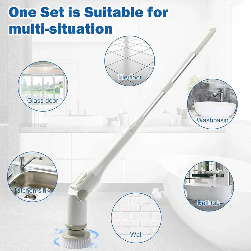 Cleaning Brush - Scrubber positioned in a bathroom setting with callouts showing compatible cleaning surfaces including tile, glass, sinks, and tubs