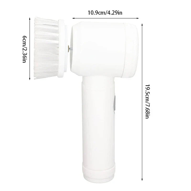 Electric Spin Scrubber Set - White handheld electric cleaning brush with attached bristle head, shown against a white background with dimension labels.