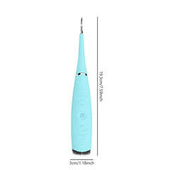 Electric Spin Scrubber - Light blue handheld dental cleaner shown upright with height and width measurement lines.