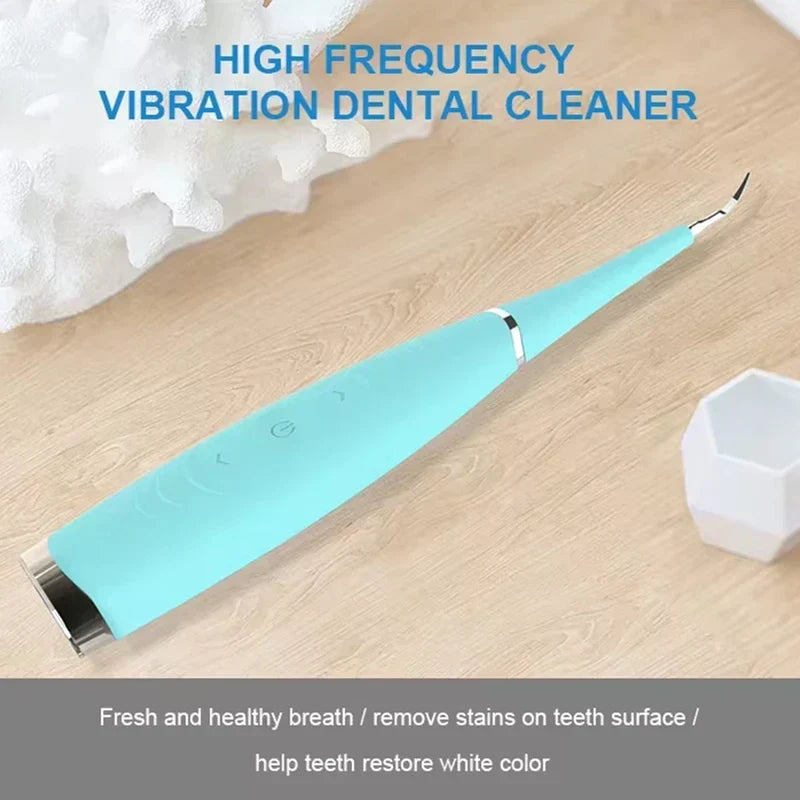 Electric Spin Scrubber - Light blue angled dental cleaner resting on a light wood surface, with text above and descriptive text below.