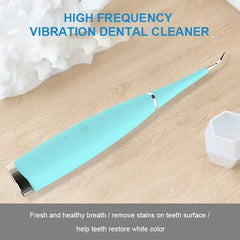 Electric Spin Scrubber - Light blue angled dental cleaner resting on a light wood surface, with text above and descriptive text below.