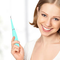 Electric Spin Scrubber - Smiling woman holding a light blue handheld dental cleaning tool against a plain white background