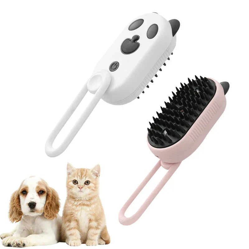 Two electric spray handle massage brushes (white and pink) above a sitting puppy and kitten on a white background.