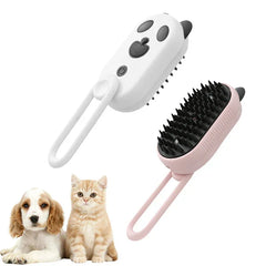 Two electric spray handle massage brushes (white and pink) above a sitting puppy and kitten on a white background.