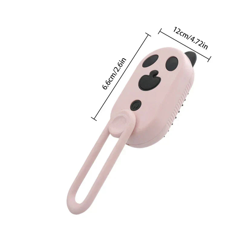 Pink electric spray handle massage brush with panda face details and a loop strap, with length and width size labels.