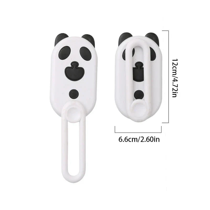 White panda-design electric spray handle massage brush shown from front and back, with size measurements labeled.