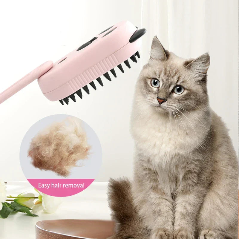 The electric spray handle massage brush is shown above a sitting cat, with a closeup of collected pet fur nearby.
