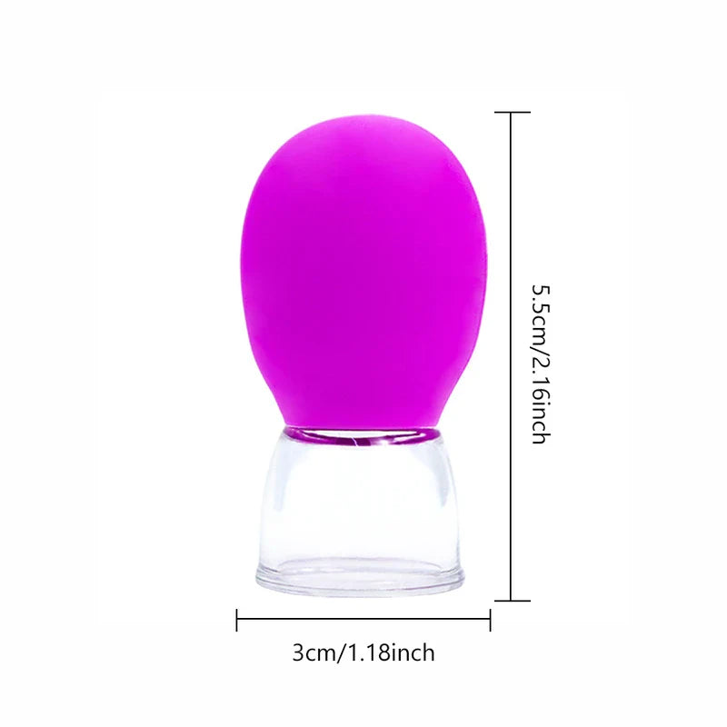schröpfmassagegerät - Violettes Schröpfmassagegerät mit klarem Sockel, dargestellt mit Höhen- und Breitenmaßen.