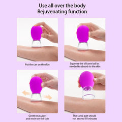 schröpfmassagegerät - Schritt-für-Schritt-Demonstration der Anwendung eines violetten Schröpfmassagegeräts am Arm einer Person.
