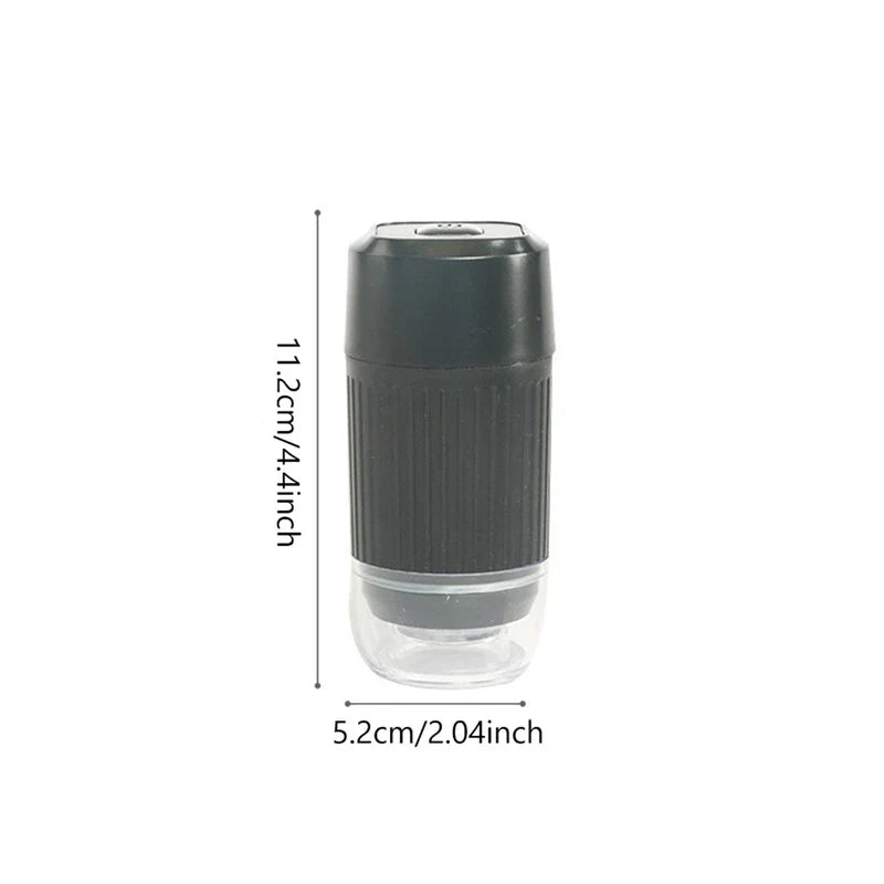 Compact handheld black electric pump with height 11.2cm and width 5.2cm shown on white background.
