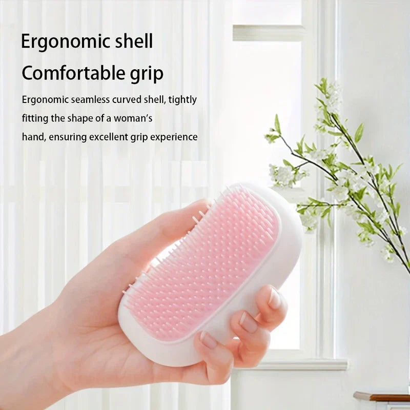 Hand holding a pink and white hair brush, with text describing its ergonomic grip