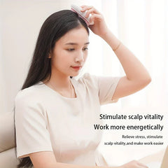 Woman brushing her hair with a small hair brush, with descriptive text to her right