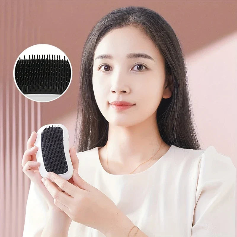 Hair Brush - Young woman holds a small white hairbrush with black bristles, close-up of bristle head shown in inset.