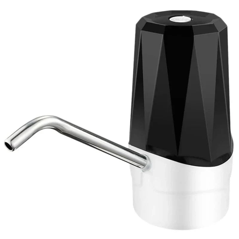 Water Bottle Pump Dispenser - Black and white faceted electric pump with curved metal spout, isolated on white background