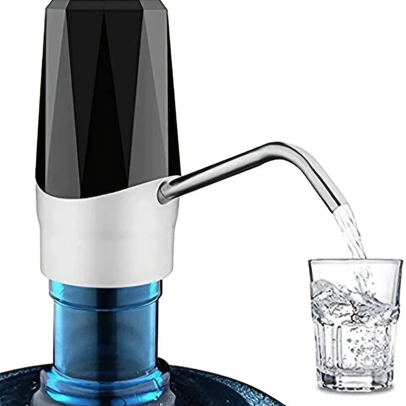 Water Bottle Pump Dispenser - Rechargeable water bottle pump dispensing water into a clear glass