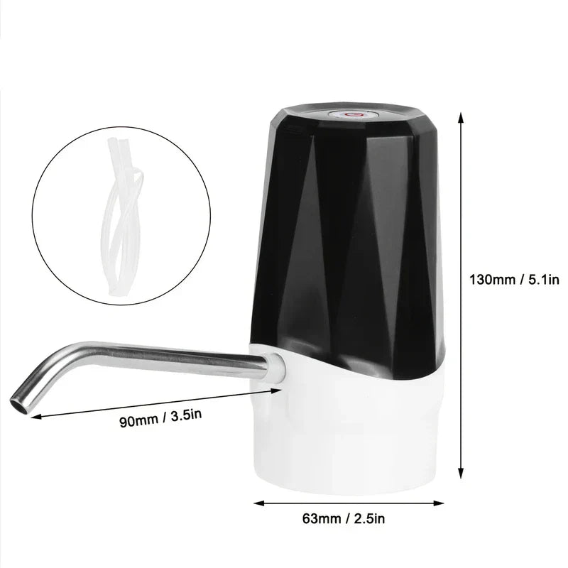 Water Bottle Pump Dispenser - Bottled water pump showing dimensions and included silicone hose