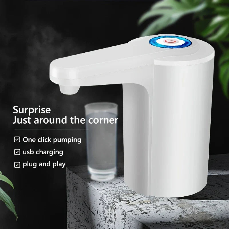 Water Jug Dispenser - White electric dispensing unit positioned on a textured stone surface, with listed feature callouts to the left