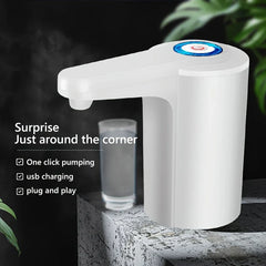 Water Jug Dispenser - White electric dispensing unit positioned on a textured stone surface, with listed feature callouts to the left