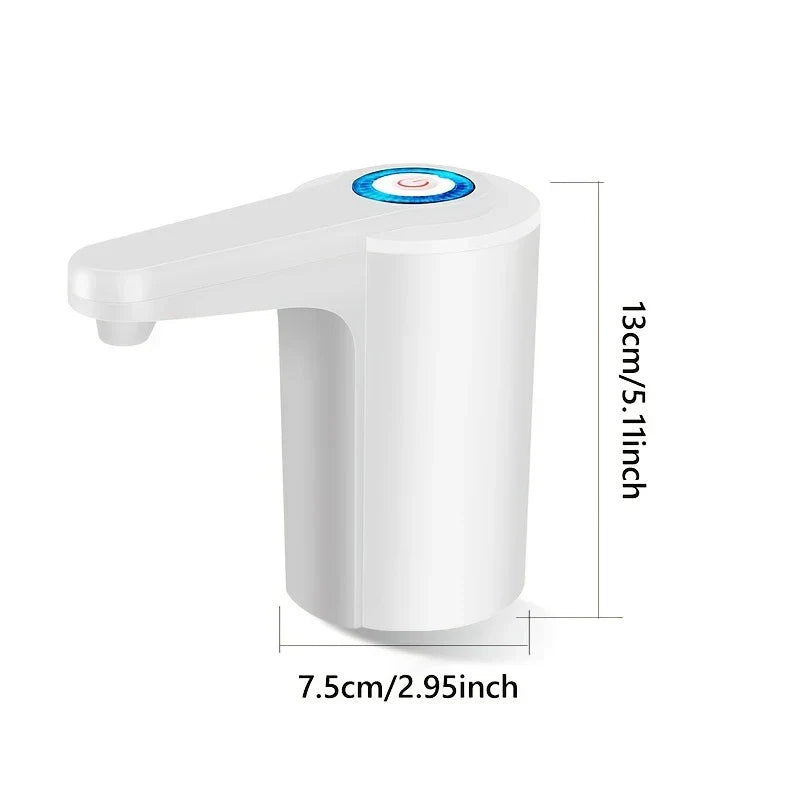 Water Jug Dispenser - White electric water dispenser pump showing height 13cm/5.11inch and width 7.5cm/2.95inch dimensions.