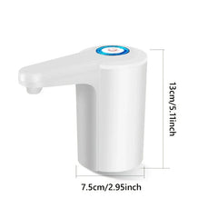Water Jug Dispenser - White electric water dispenser pump showing height 13cm/5.11inch and width 7.5cm/2.95inch dimensions.