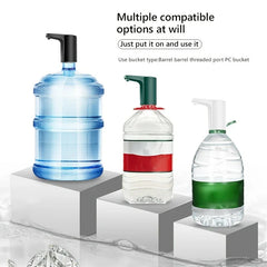 Water Jug Dispenser - Three differently sized water jugs with black, green and white dispenser pumps on gray display blocks with text above.