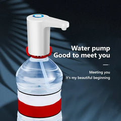 Water Jug Dispenser - White electric water pump attached to a clear plastic water bottle with red band and text on dark background.