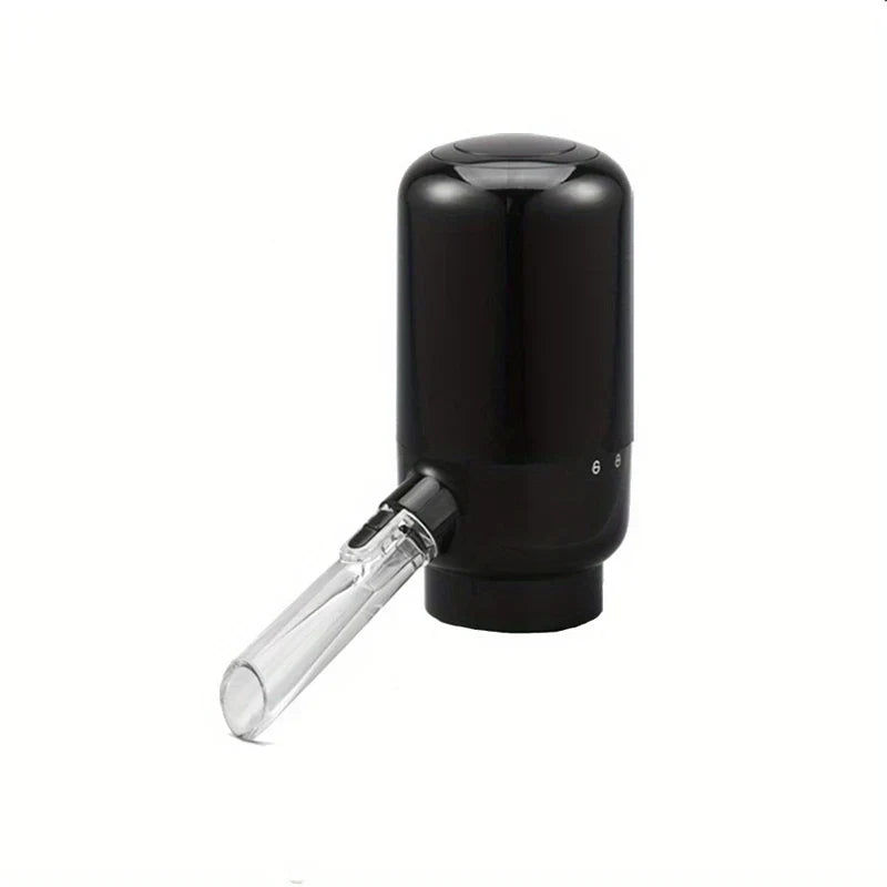 Wine Aerator Pourer - Glossy black unit with clear angled pour spout, shown against a plain white background