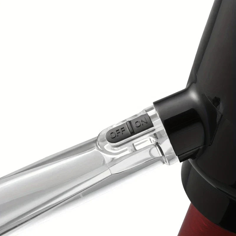 Wine Aerator Pourer - Close-up of the on/off toggle switch located on the clear pour spout, attached to the black device body