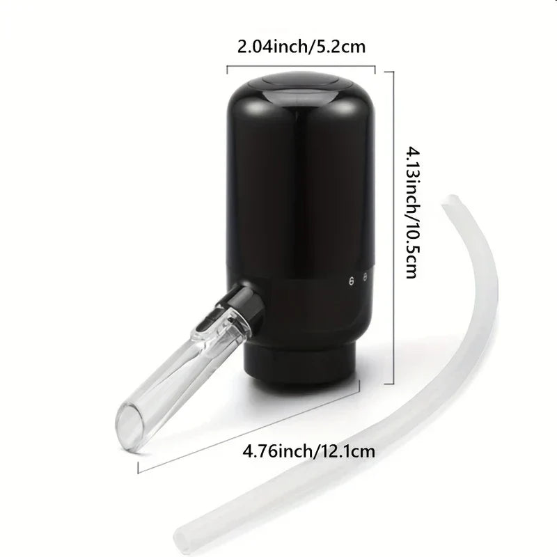 Wine Aerator Pourer - Black electric wine aerator dispenser with size dimensions, showing attached spout and separate white tube