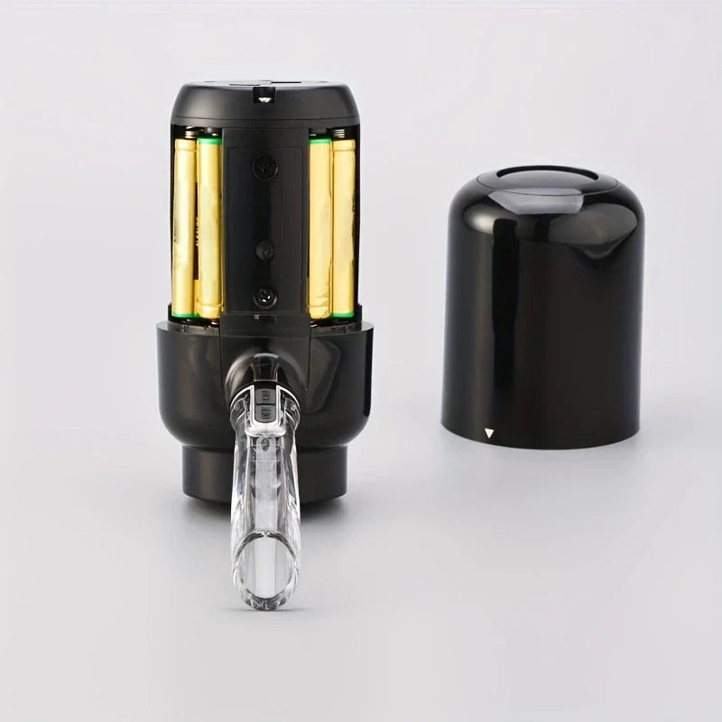 Wine Aerator Pourer - Electric wine dispenser with outer cover removed, showing four AA batteries inside and ON/OFF switch on the spout